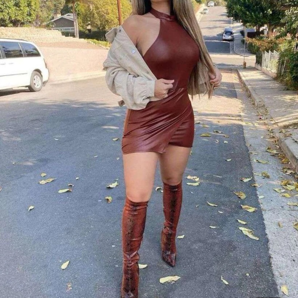 Brown Faux-Leather Halter Mini Dress - Picture 3 of 6
